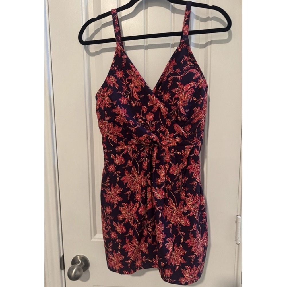 Lands'‎ End Floral Red Pink And Blue Swimsuit Swimdress Size L  12-14